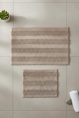 Beige geprägtes, gestreiftes 2-teiliges Bad- und WC-Matten-Set