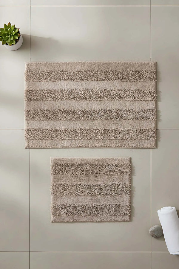 Beige geprägtes, gestreiftes 2-teiliges Bad- und WC-Matten-Set