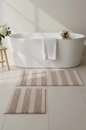 Beige geprägtes, gestreiftes 2-teiliges Bad- und WC-Matten-Set