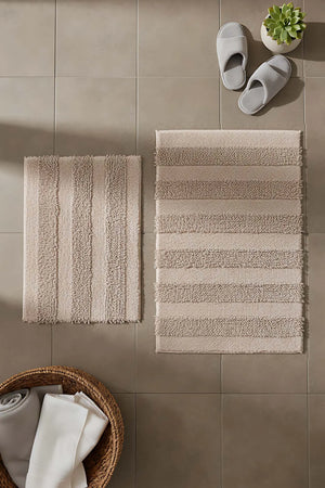Beige geprägtes, gestreiftes 2-teiliges Bad- und WC-Matten-Set