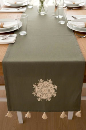 Tischläufer mit khakifarbenem Spitzenmotiv, 50 x 130 cm