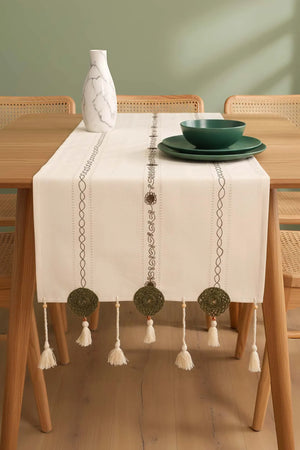 Grüner Tischläufer aus bestickter Spitze, 50 x 130 cm