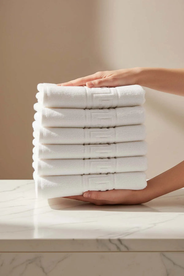 Weißes griechisches 6-teiliges Handtuchset aus 100 % Baumwolle, 50 x 90 cm