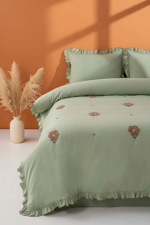 Florita Green Doppelt besticktes Bettwäscheset aus 100 % Baumwolle – 4-teilig