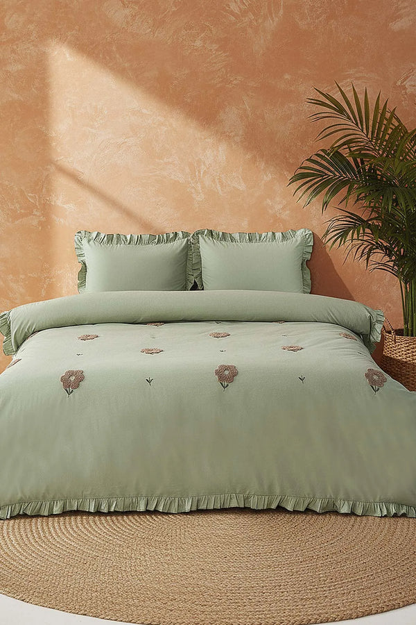 Florita Green Doppelt besticktes Bettwäscheset aus 100 % Baumwolle – 4-teilig