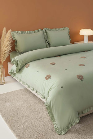 Florita Green Doppelt besticktes Bettwäscheset aus 100 % Baumwolle – 4-teilig