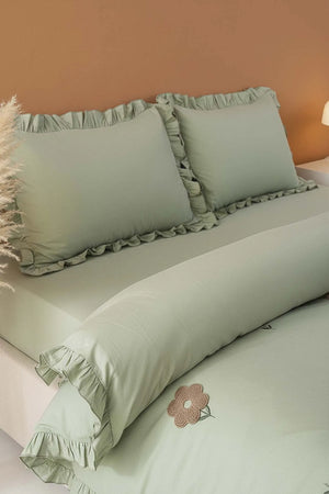 Florita Green Doppelt besticktes Bettwäscheset aus 100 % Baumwolle – 4-teilig