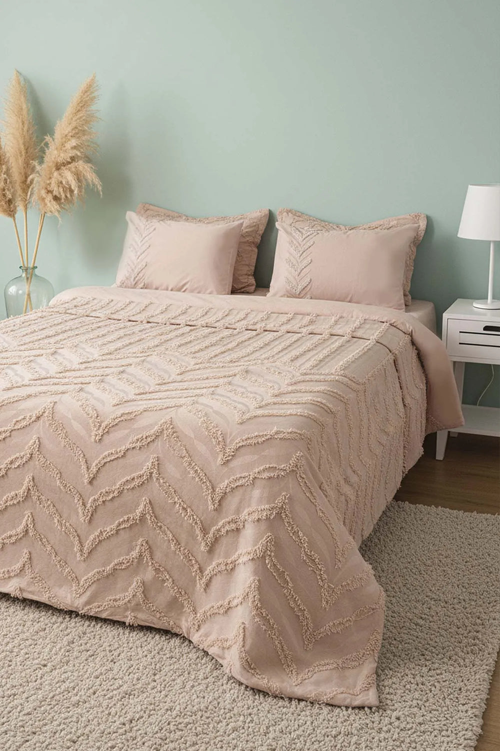 Limi Crimp Beige Doppelbettdecke mit Bettbezug, 100 % Baumwolle – 7-teiliges Brautset