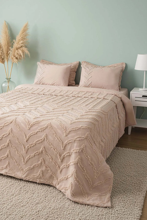 Limi Crimp Beige Doppelbettdecke mit Bettbezug, 100 % Baumwolle – 7-teiliges Brautset