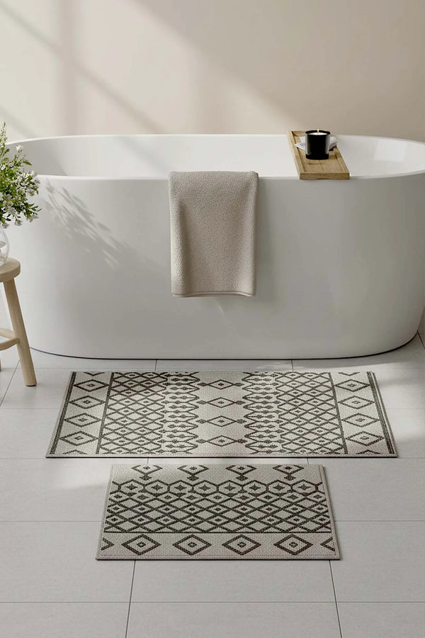 2-teiliges Bad- und WC-Matten-Set mit grauem Ethno-Muster