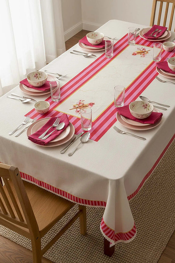 Tischdecke mit rosa Vogelmuster, fleckenabweisend, 150 x 220 cm