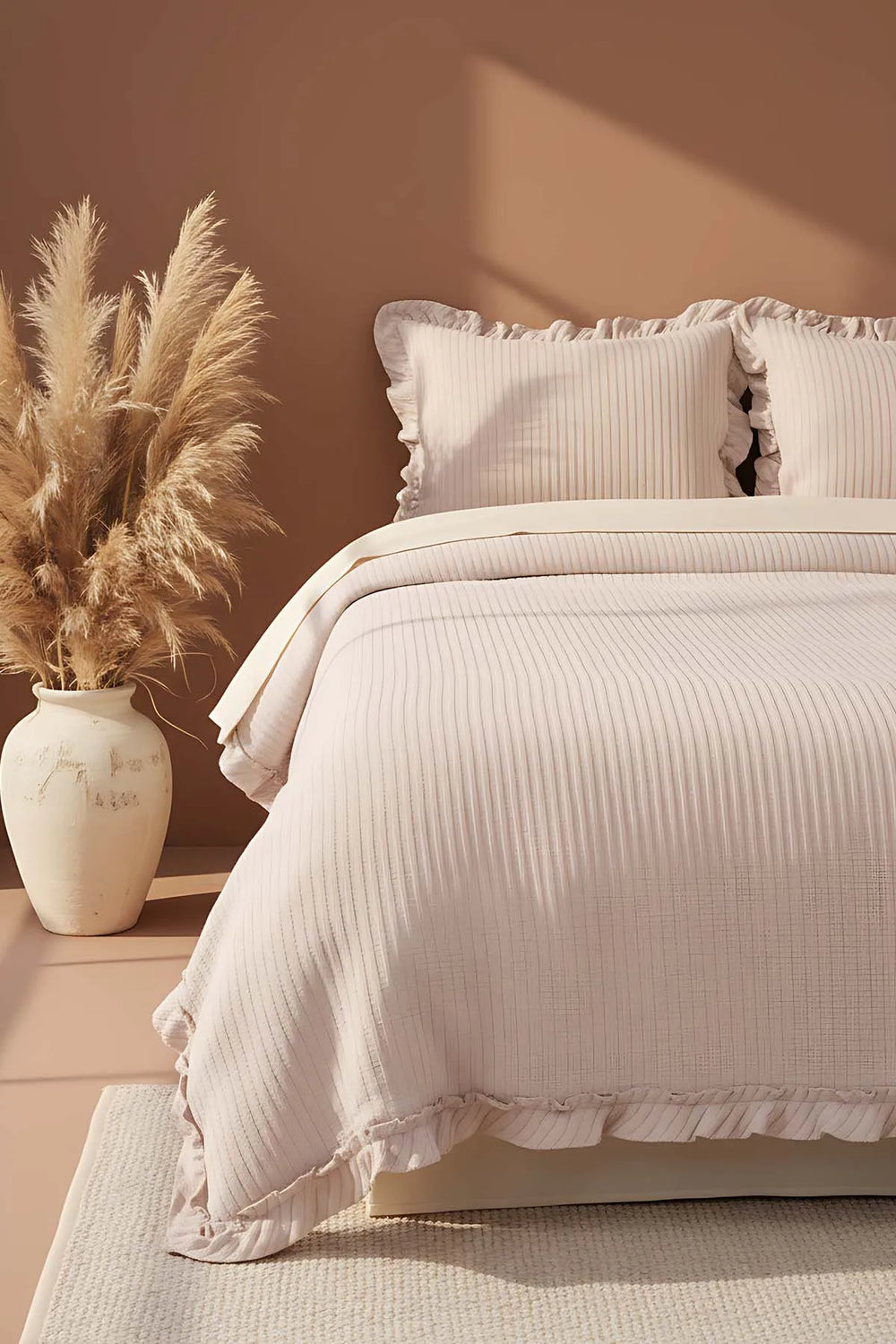 Marta Beige Doppelbettwäsche-Set aus 100 % Baumwoll-Jacquard, 3-teiliges Nachtwäsche-Set