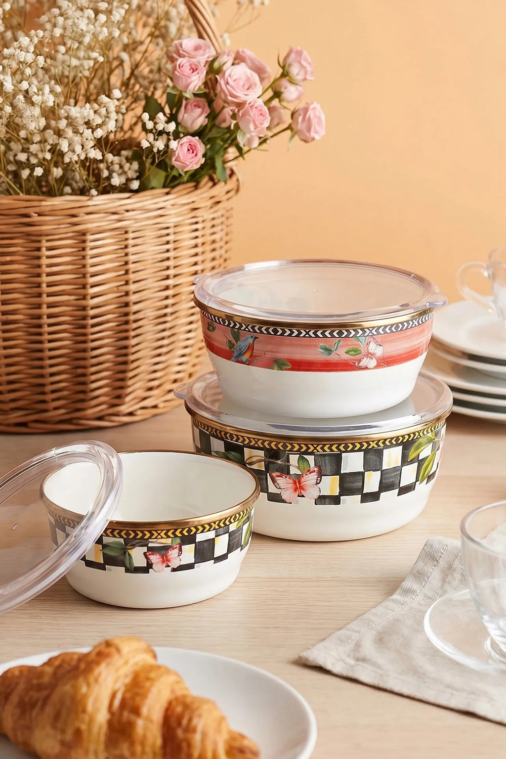 3-teiliges Emaille-Aufbewahrungsbehälter-Set mit Paradies-Schmetterlingsmuster