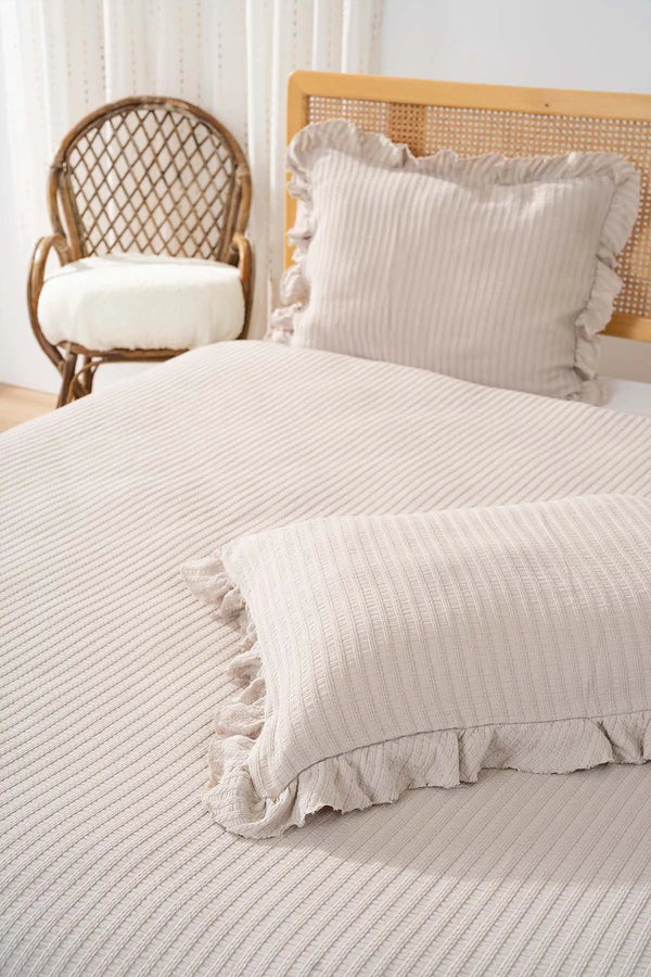 Marta Beige Doppelbettwäsche-Set aus 100 % Baumwoll-Jacquard, 3-teiliges Nachtwäsche-Set