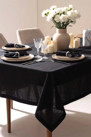 Colber Tischdecken-Set, schwarz gestreift, fleckenabweisend, für 12 Personen, 26-teilig