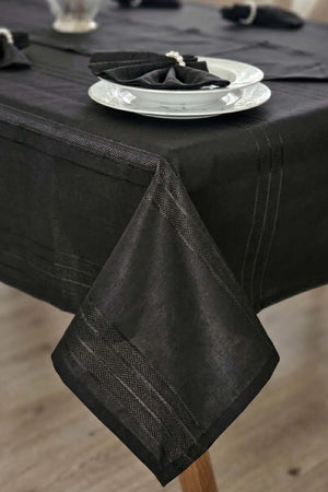 Colber Tischdecken-Set, schwarz gestreift, fleckenabweisend, für 12 Personen, 26-teilig
