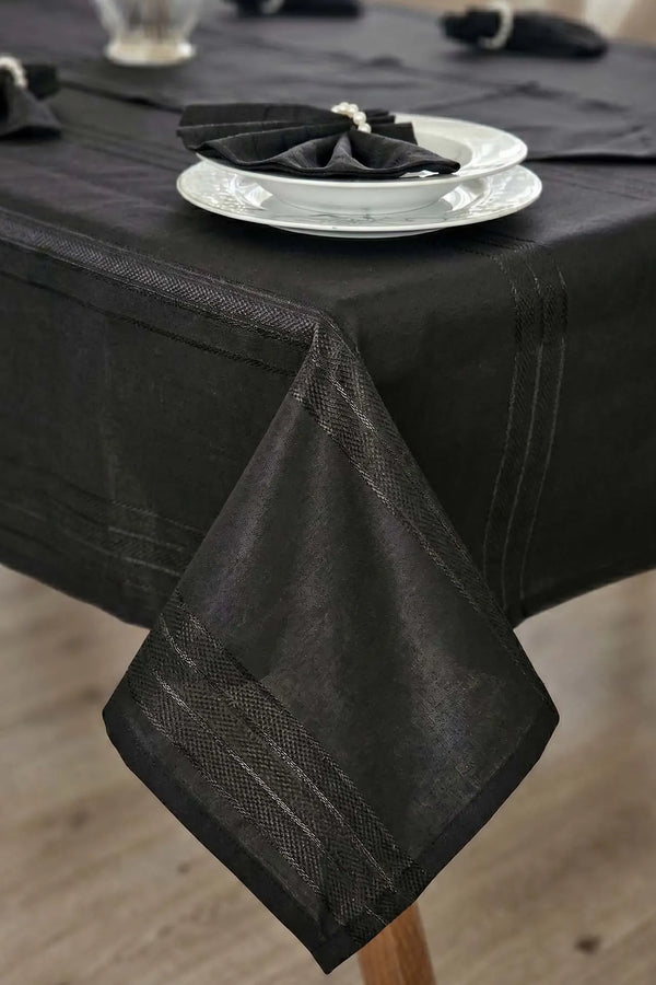 Colber Tischdecken-Set, schwarz gestreift, fleckenabweisend, für 12 Personen, 26-teilig