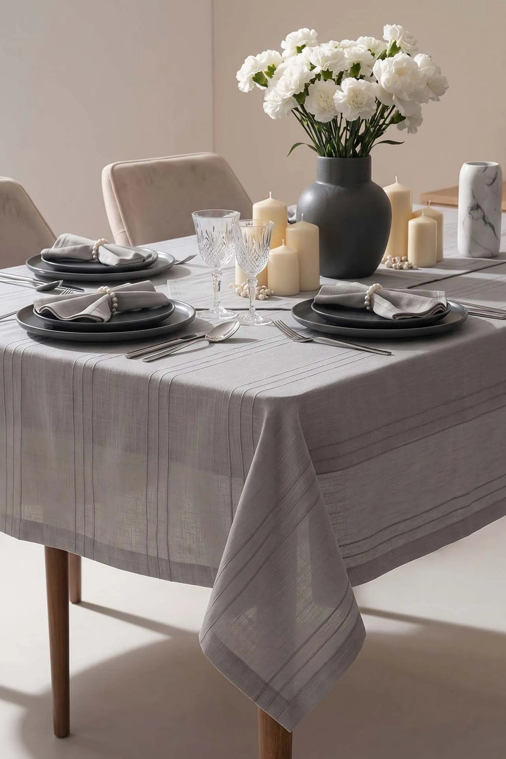 Colber Tischdecken-Set, grau gestreift, fleckenabweisend, für 12 Personen, 26-teilig