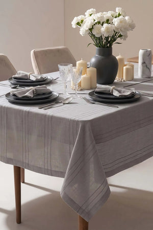 Colber Tischdecken-Set, grau gestreift, fleckenabweisend, für 12 Personen, 26-teilig