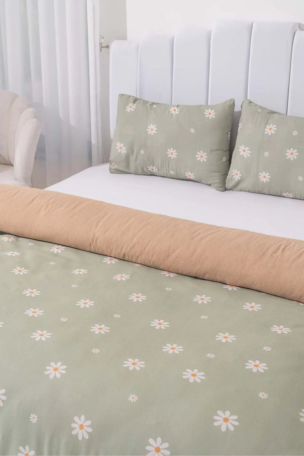 Minimalistisches grünes Gänseblümchen-Doppelbettwäsche-Set aus Baumwolle für den Sommer