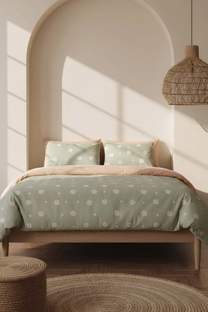 Minimalistisches grünes Gänseblümchen-Doppelbettwäsche-Set aus Baumwolle für den Sommer