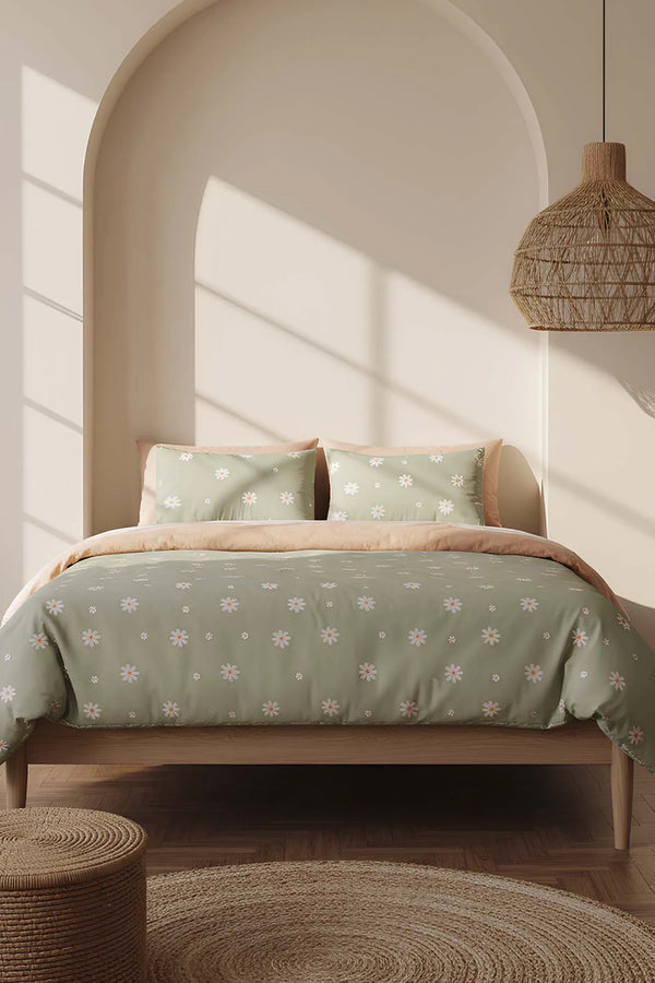 Minimalistisches grünes Gänseblümchen-Doppelbettwäsche-Set aus Baumwolle für den Sommer