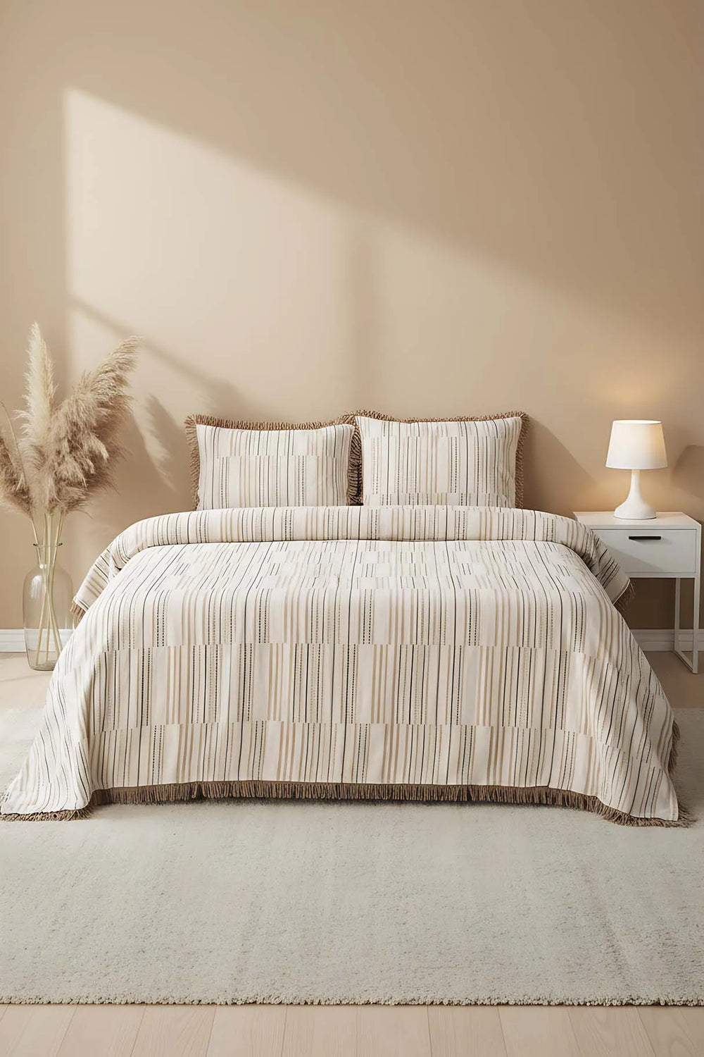 Lia Beige Tagesdecke mit doppelten Quasten, 3-teilig, 100 % Baumwolle, Schlaf- und Brautset