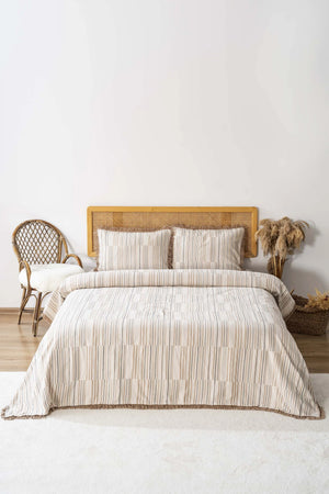 Lia Beige Tagesdecke mit doppelten Quasten, 3-teilig, 100 % Baumwolle, Schlaf- und Brautset