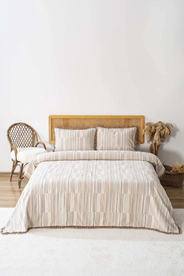Lia Beige Tagesdecke mit doppelten Quasten, 3-teilig, 100 % Baumwolle, Schlaf- und Brautset