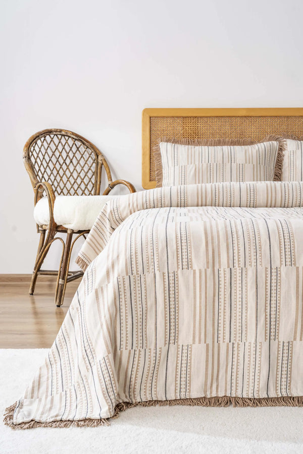 Lia Beige Tagesdecke mit doppelten Quasten, 3-teilig, 100 % Baumwolle, Schlaf- und Brautset