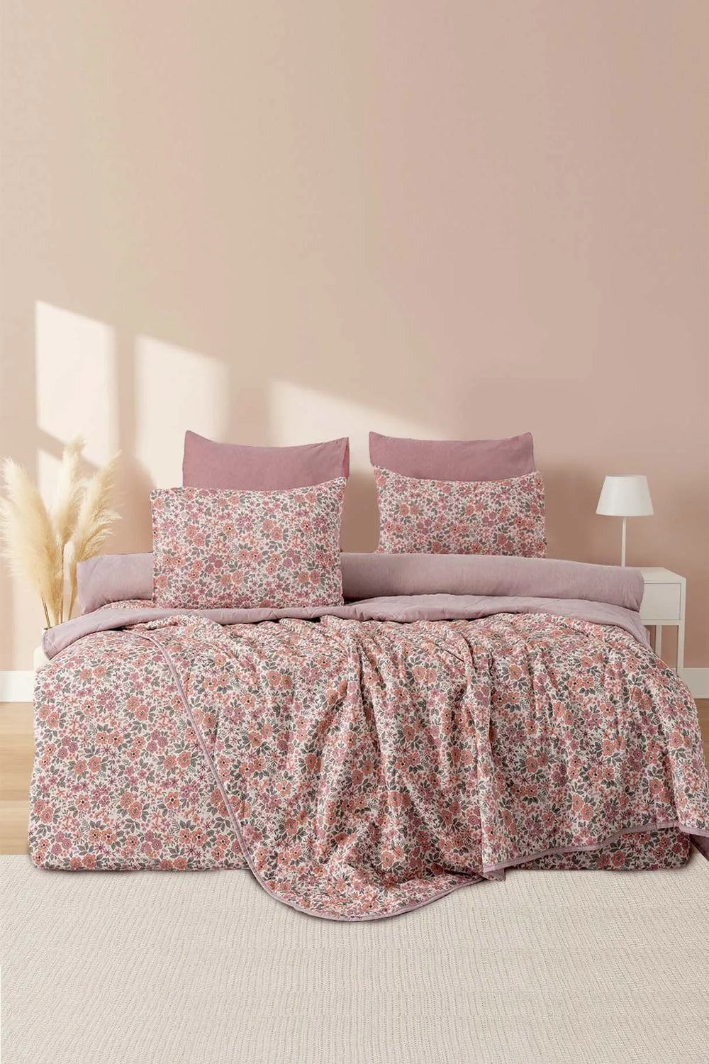 Rosa Frühlings-Doppelbett-Bettwäscheset mit Bezug und Steppdecke – 7-teiliges Braut-Set