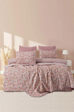 Rosa Frühlings-Doppelbett-Bettwäscheset mit Bezug und Steppdecke – 7-teiliges Braut-Set