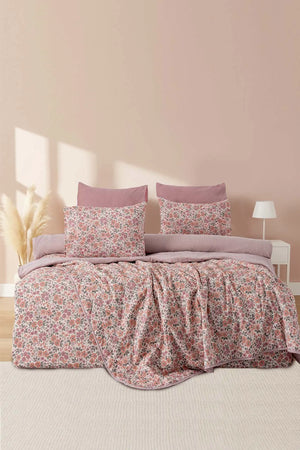 Rosa Frühlings-Doppelbett-Bettwäscheset mit Bezug und Steppdecke – 7-teiliges Braut-Set