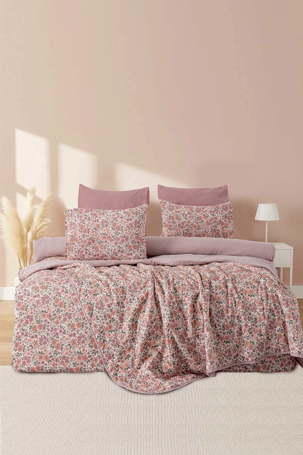 Rosa Frühlings-Doppelbett-Bettwäscheset mit Bezug und Steppdecke – 7-teiliges Braut-Set