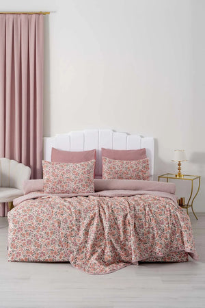 Rosa Frühlings-Doppelbett-Bettwäscheset mit Bezug und Steppdecke – 7-teiliges Braut-Set