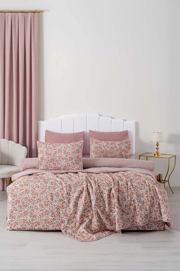 Rosa Frühlings-Doppelbett-Bettwäscheset mit Bezug und Steppdecke – 7-teiliges Braut-Set