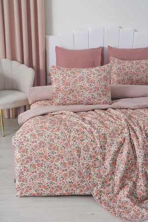 Rosa Frühlings-Doppelbett-Bettwäscheset mit Bezug und Steppdecke – 7-teiliges Braut-Set