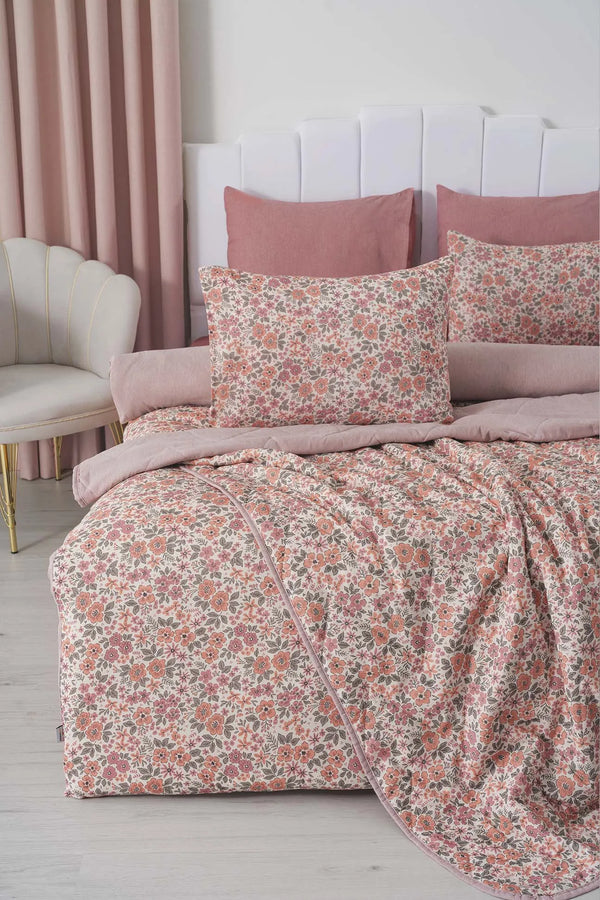 Rosa Frühlings-Doppelbett-Bettwäscheset mit Bezug und Steppdecke – 7-teiliges Braut-Set
