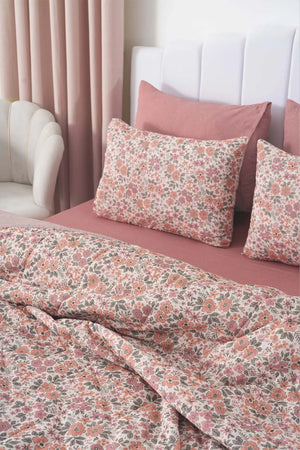 Rosa Frühlings-Doppelbett-Bettwäscheset mit Bezug und Steppdecke – 7-teiliges Braut-Set
