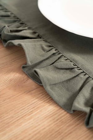 Ruffle Khaki Rüschen-Tischläufer aus 100 % Baumwoll-Leinen 50 x 130 cm