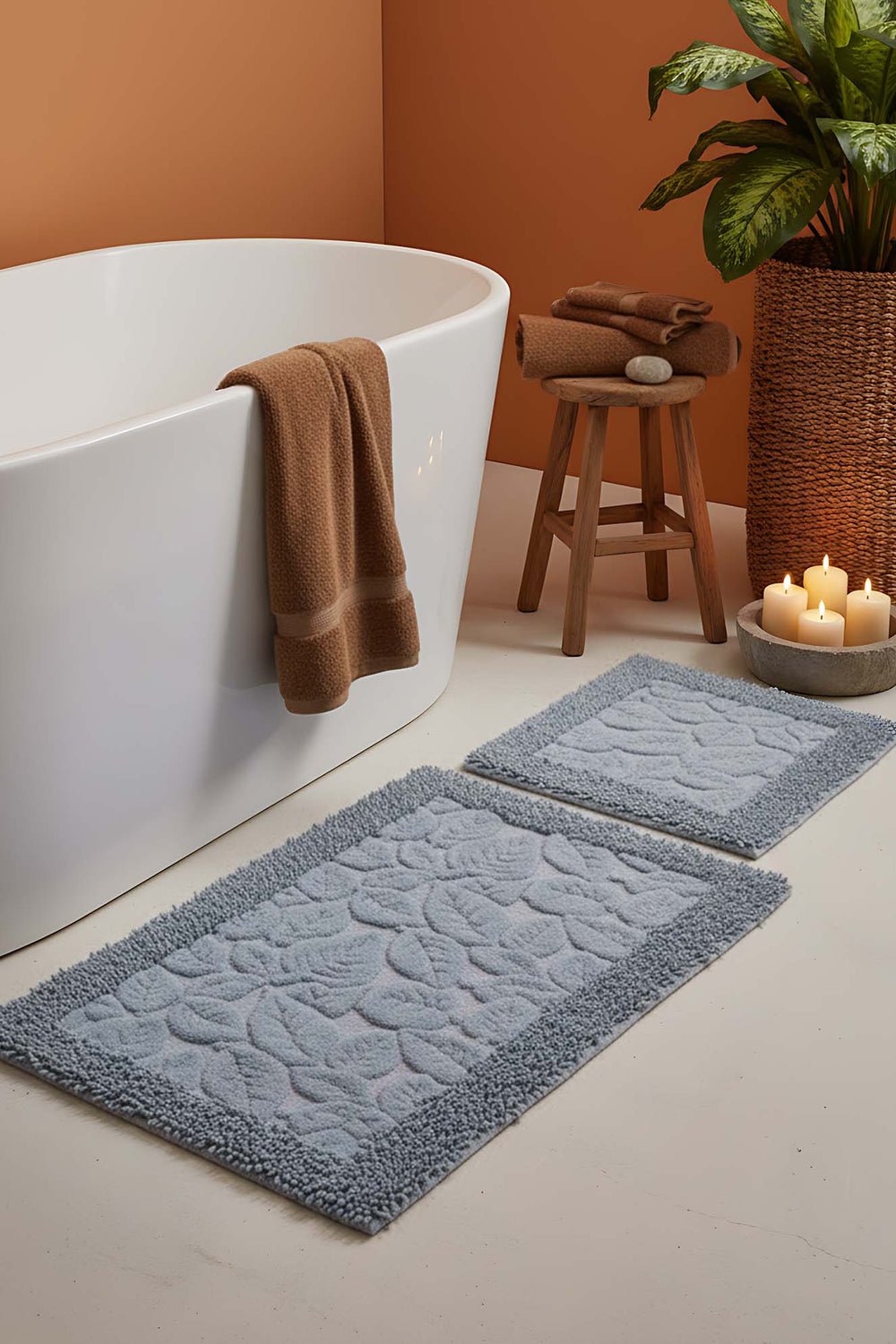Bad- und WC-Vorleger-Set mit Blattmuster 2-teiliges – 104 x 58 cm